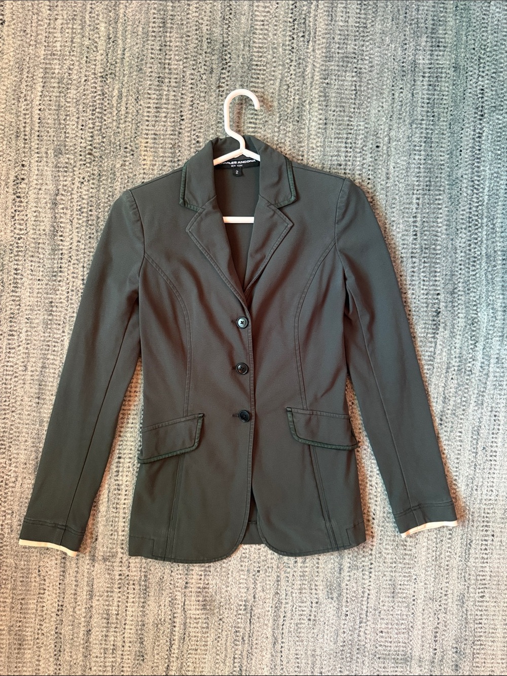Charles Ancona olive green show coat with green satin piping size 2